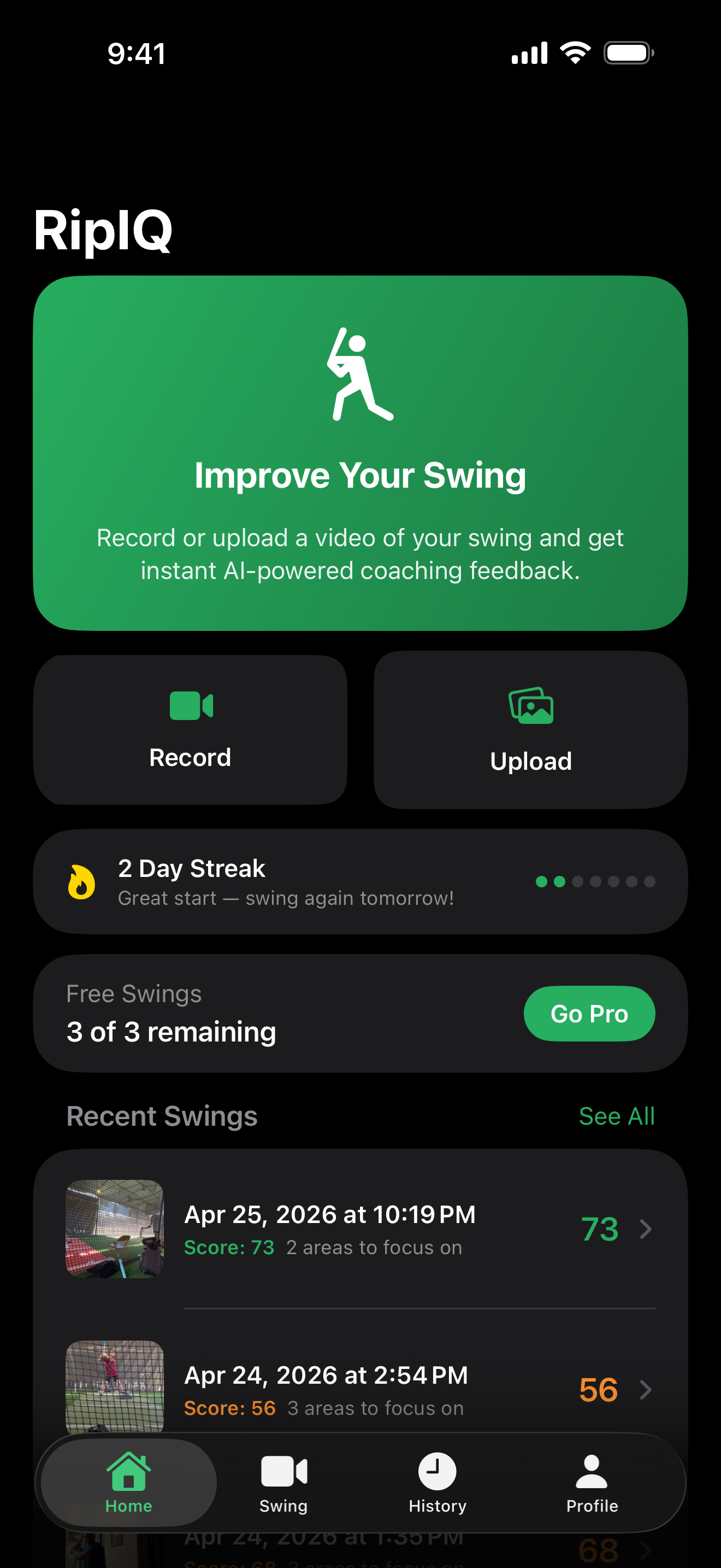 Home screen with streak