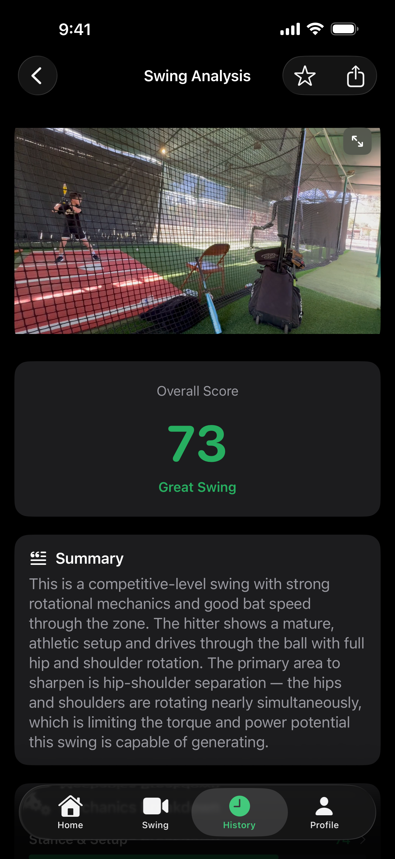 RipIQ swing analysis showing score 73 Great Swing